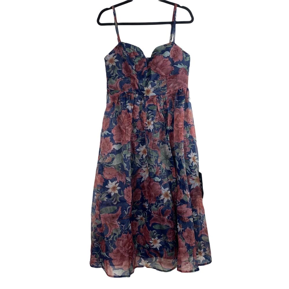 NEW Lulus Cherished Aura Navy Blue Floral Organza Bustier Midi Dress